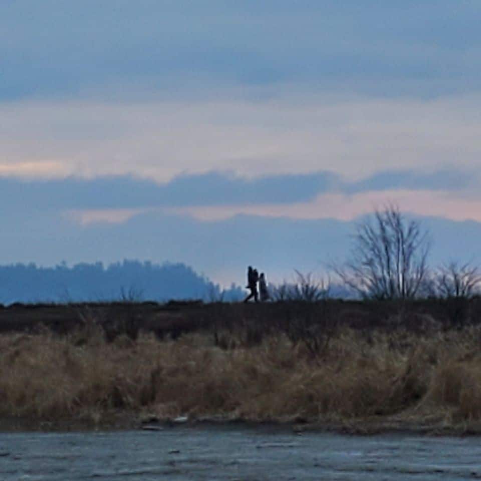Silhouette of people walking on the dyke late in the day in Surrey British Columbia Canada.